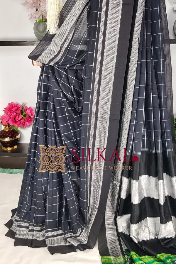 Ilkal_Handloom__Big_Checks_Cotton_Silk_Chikki_Paras_Border_Saree_Code-_SKL04078