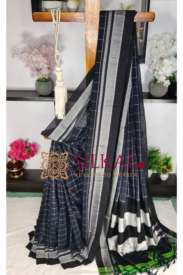 Ilkal_Handloom__Big_Checks_Cotton_Silk_Chikki_Paras_Border_Saree_Code-_SKL04078