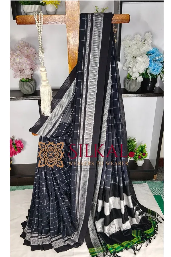 Ilkal_Handloom__Big_Checks_Cotton_Silk_Chikki_Paras_Border_Saree_Code-_SKL04078