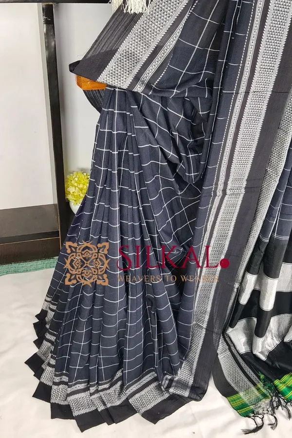 Ilkal_Handloom__Big_Checks_Cotton_Silk_Chikki_Paras_Border_Saree_Code-_SKL04078