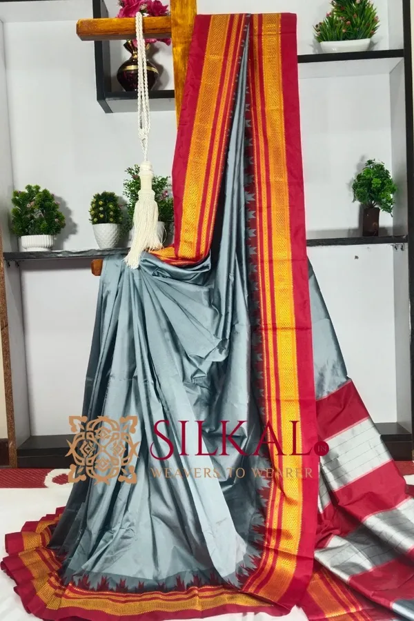 Ilkal_Poly_Cotton_Temple_Gadwal_Plain_Saree_SKL2094