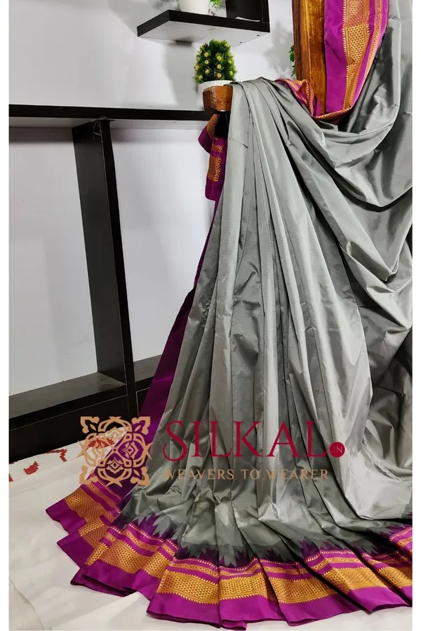 Ilkal_Poly_Cotton_Temple_Gadwal_Plain_Saree_SKL2098