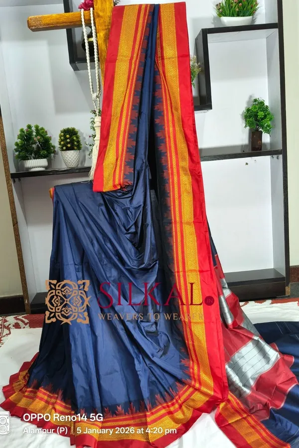 Ilkal_Poly_Cotton_Temple_Gadwal_Plain_Saree_SKL3013