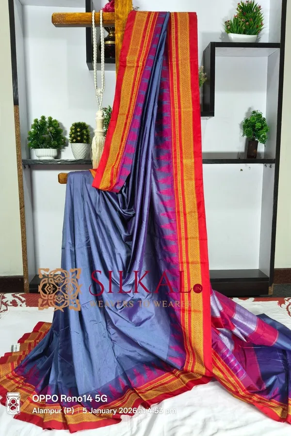Ilkal_Poly_Cotton_Temple_Gadwal_Plain_Saree_SKL3032
