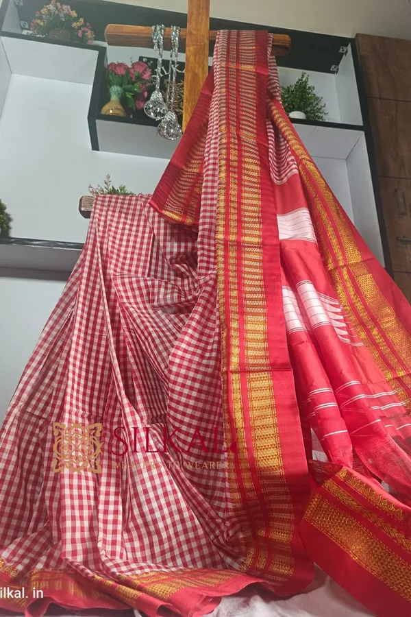 Ilkal_Small_Check_Cotton_Silk_Saree_Saree_Code-_SKL1110