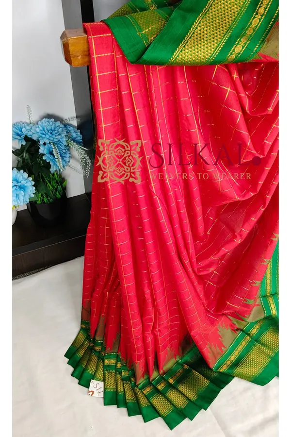 Ilkal_Temple_jari_Small_Checks_Saree_SKL04202