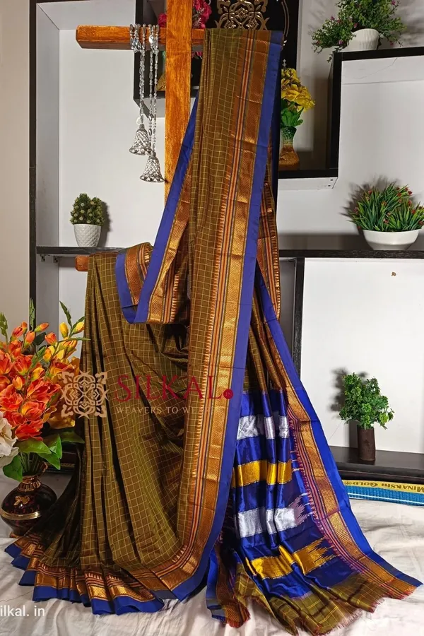 Ilkal_Checked_Mercerized_Silk_Saree_Code-_SKL1716