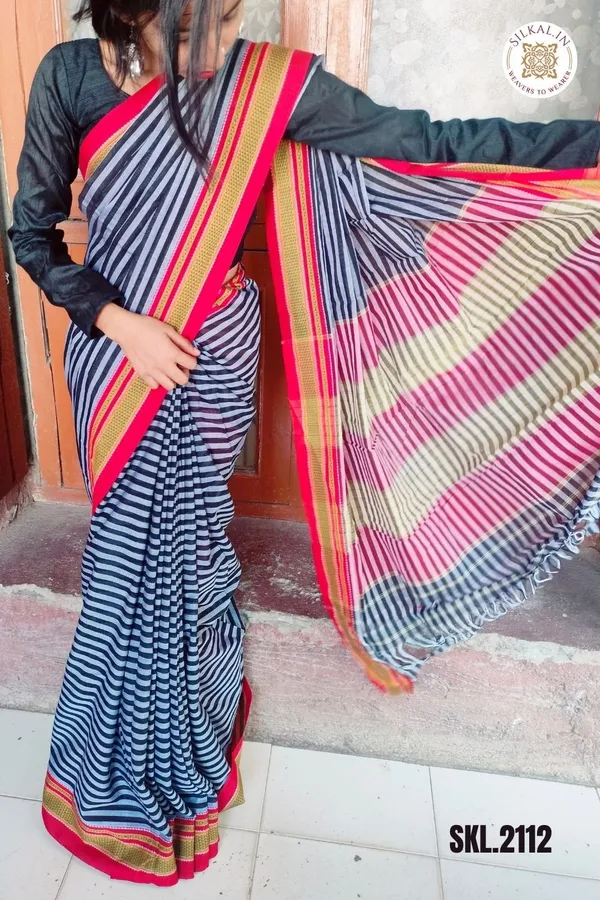 Patteda_Anchu_Stripe_With_Chikki_Paras_Border_Saree_Code-_SKL1536