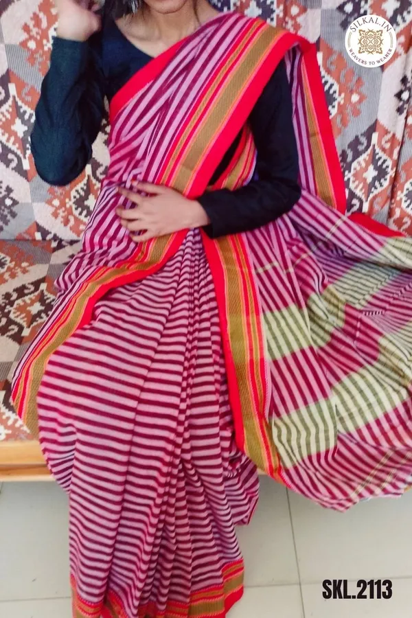 Patteda_Anchu_Stripe_With_Chikki_Paras_Border_Saree_Code-_SKL1537
