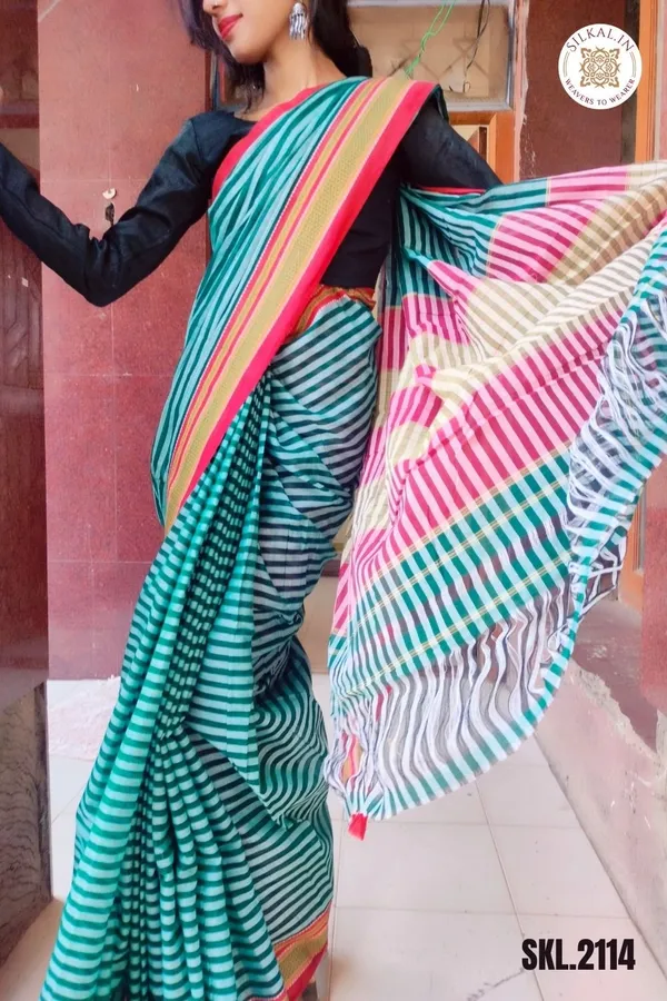 Patteda_Anchu_Stripe_With_Chikki_Paras_Border_Saree_Code-_SKL1253