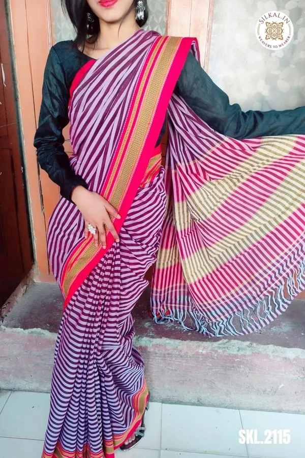 Patteda_Anchu_Stripe_With_Chikki_Paras_Border_Saree_Code-_SKL1538