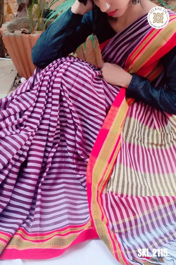 Patteda_Anchu_Stripe_With_Chikki_Paras_Border_Saree_Code-_SKL1538