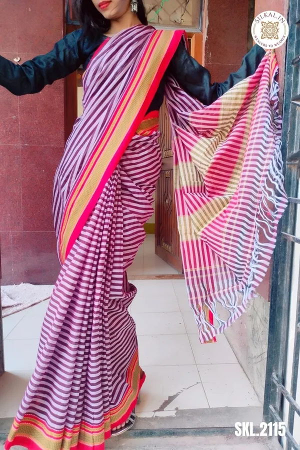 Patteda_Anchu_Stripe_With_Chikki_Paras_Border_Saree_Code-_SKL1538