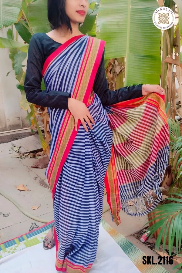 Patteda_Anchu_Stripe_With_Chikki_Paras_Border_Saree_Code-_SKL1539