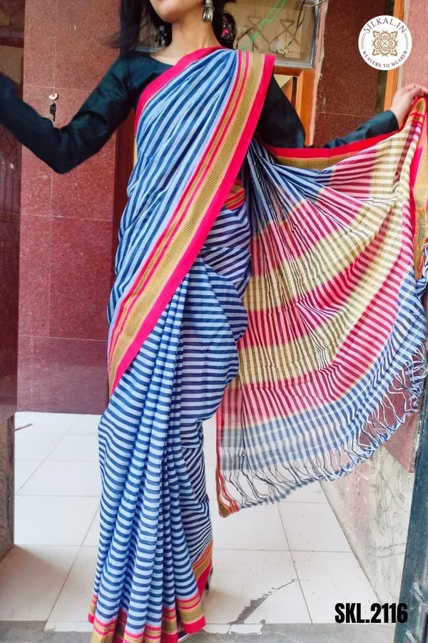 Patteda_Anchu_Stripe_With_Chikki_Paras_Border_Saree_Code-_SKL1539