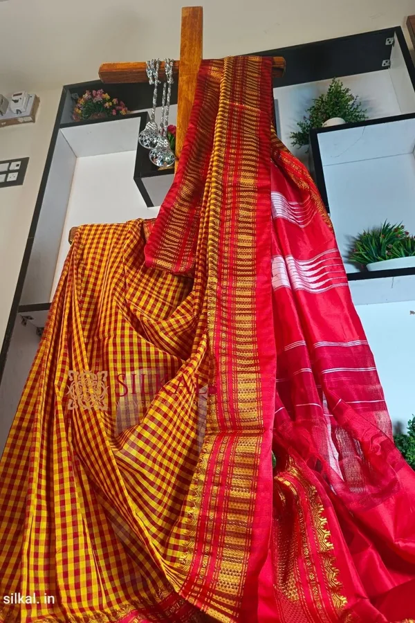 Ilkal_Small_Check_Cotton_Silk_Saree_Saree_Code-_SKL1071