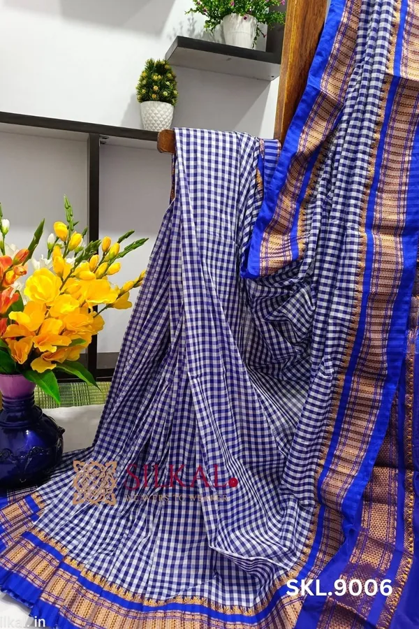 Ilkal_Small_Check_Cotton_Silk_Saree_Saree_Code-_SKL1008