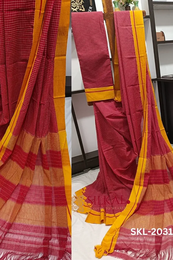 Patteda_Anchu_Checks_With_Plain_Border_Saree_Code-_SKL1034