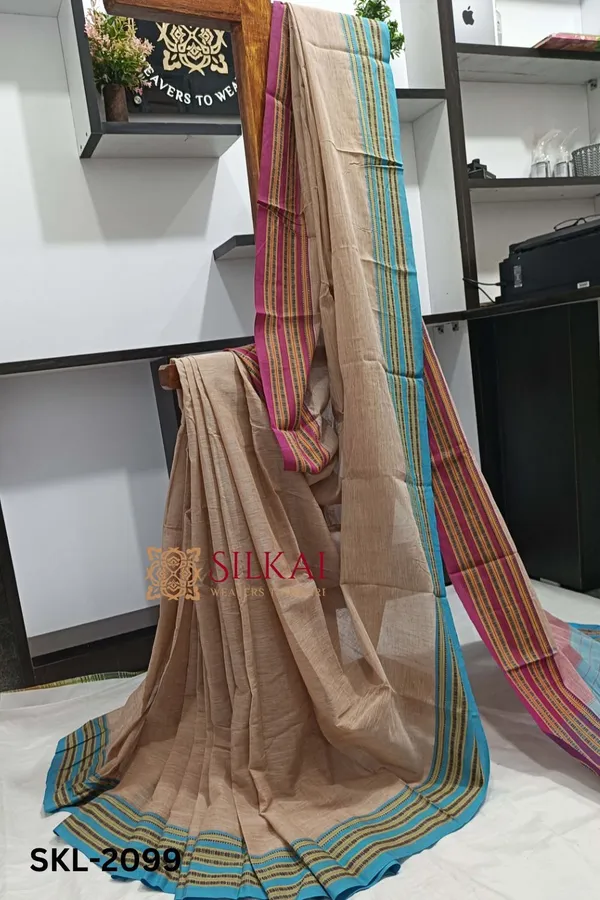 Patteda_Anchu_Pure_Cotton_Handwoven_Saree_With_Gaadi_Dadi_Border_Saree_Code-_SKL1210