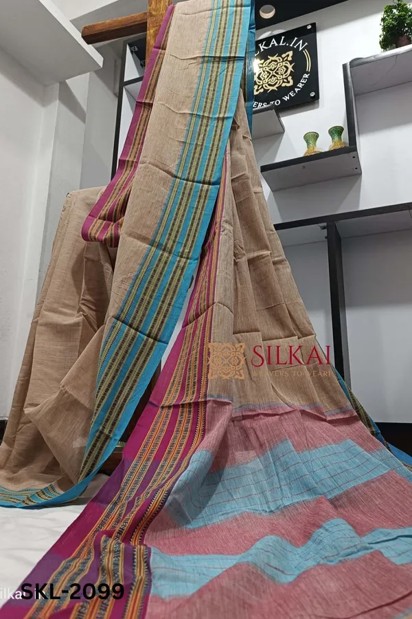 Patteda_Anchu_Pure_Cotton_Handwoven_Saree_With_Gaadi_Dadi_Border_Saree_Code-_SKL1210