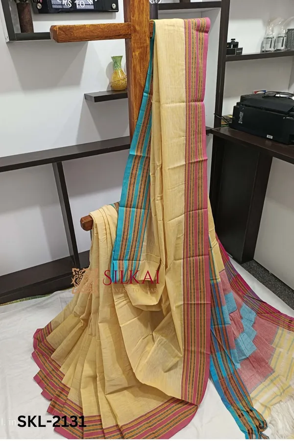 Patteda_Anchu_Pure_Cotton_Handwoven_Saree_With_Gaadi_Dadi_Border_Code-_SKL1596