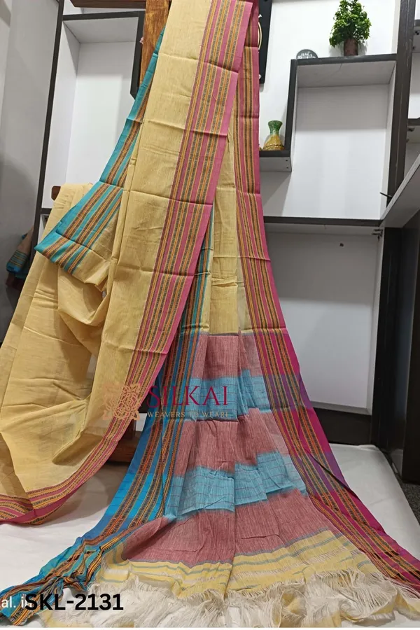 Patteda_Anchu_Pure_Cotton_Handwoven_Saree_With_Gaadi_Dadi_Border_Code-_SKL1596