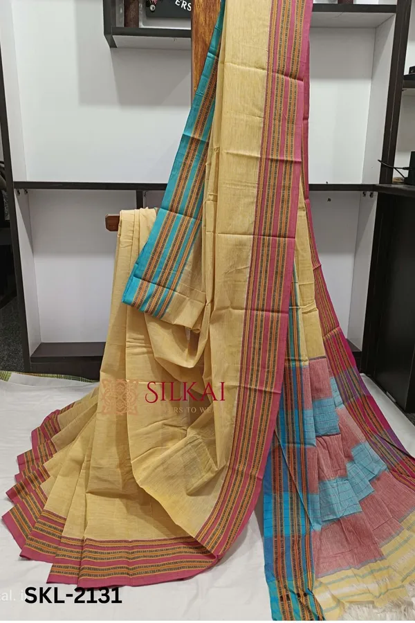 Patteda_Anchu_Pure_Cotton_Handwoven_Saree_With_Gaadi_Dadi_Border_Code-_SKL1596