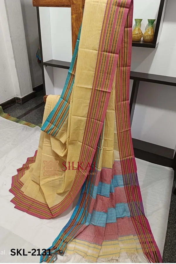 Patteda_Anchu_Pure_Cotton_Handwoven_Saree_With_Gaadi_Dadi_Border_Code-_SKL1596