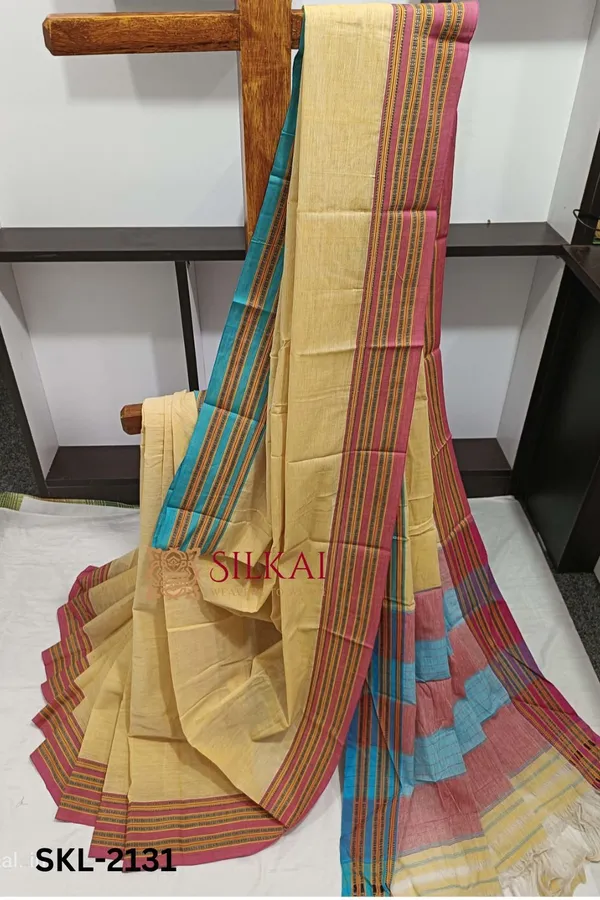 Patteda_Anchu_Pure_Cotton_Handwoven_Saree_With_Gaadi_Dadi_Border_Code-_SKL1596
