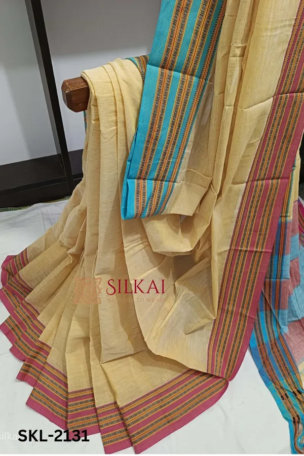 Patteda_Anchu_Pure_Cotton_Handwoven_Saree_With_Gaadi_Dadi_Border_Code-_SKL1596