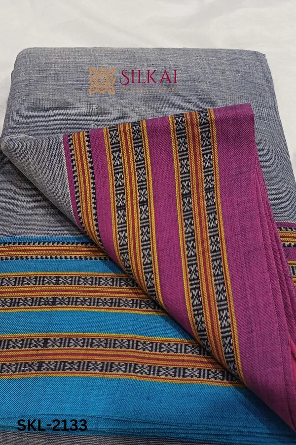 Patteda_Anchu_Pure_Cotton_Handwoven_Saree_With_Gaadi_Dadi_Border_Saree_Code-_SKL1381