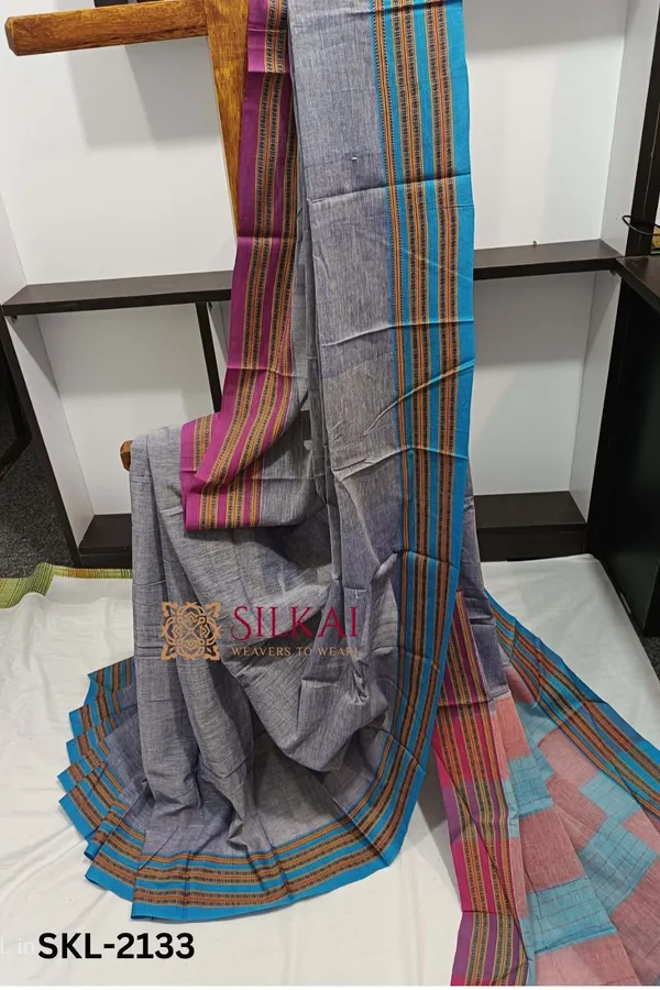 Patteda_Anchu_Pure_Cotton_Handwoven_Saree_With_Gaadi_Dadi_Border_Saree_Code-_SKL1381