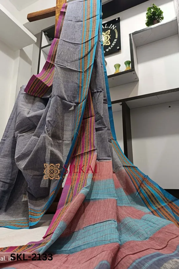 Patteda_Anchu_Pure_Cotton_Handwoven_Saree_With_Gaadi_Dadi_Border_Saree_Code-_SKL1381