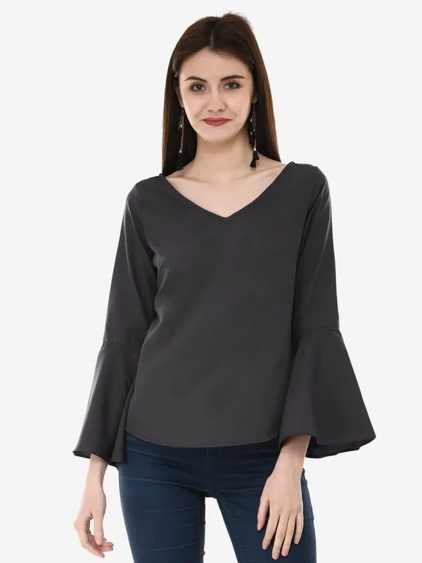 Grey_V-Neck_Full_Sleeves_Top_For_Women