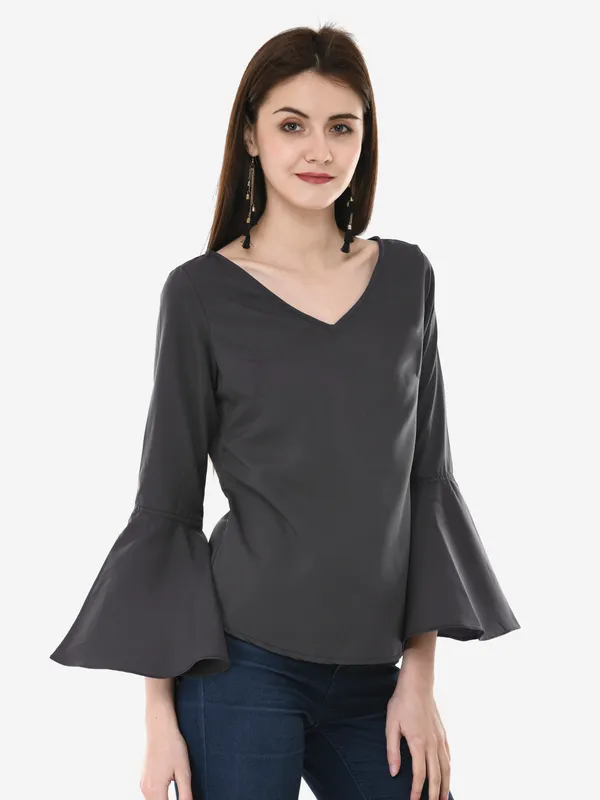 Grey_V-Neck_Full_Sleeves_Top_For_Women