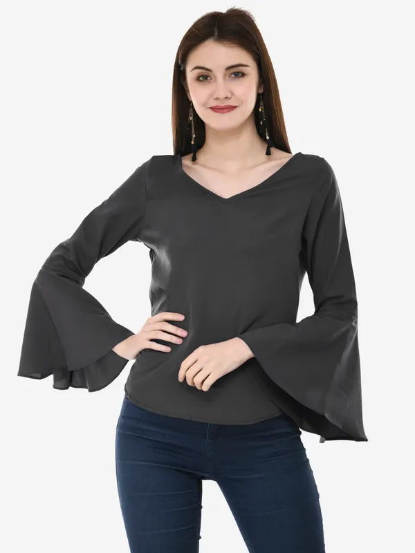 Grey_V-Neck_Full_Sleeves_Top_For_Women