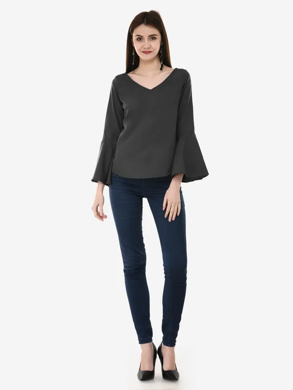 Grey_V-Neck_Full_Sleeves_Top_For_Women