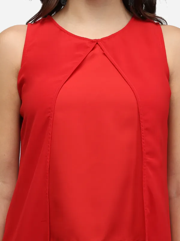 Red_Solid_Plain_High_Low_Sleeveless_Round_Neck_Classy_Maxi_Top_For_Women