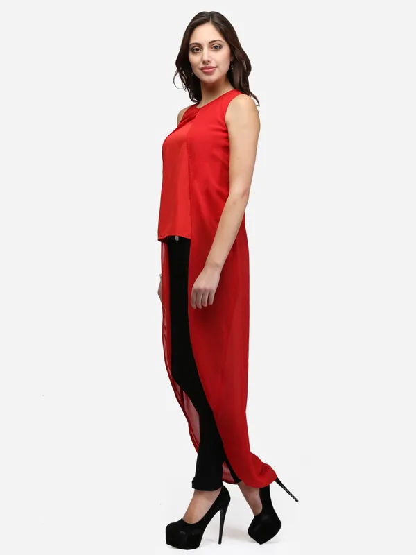 Red_Solid_Plain_High_Low_Sleeveless_Round_Neck_Classy_Maxi_Top_For_Women