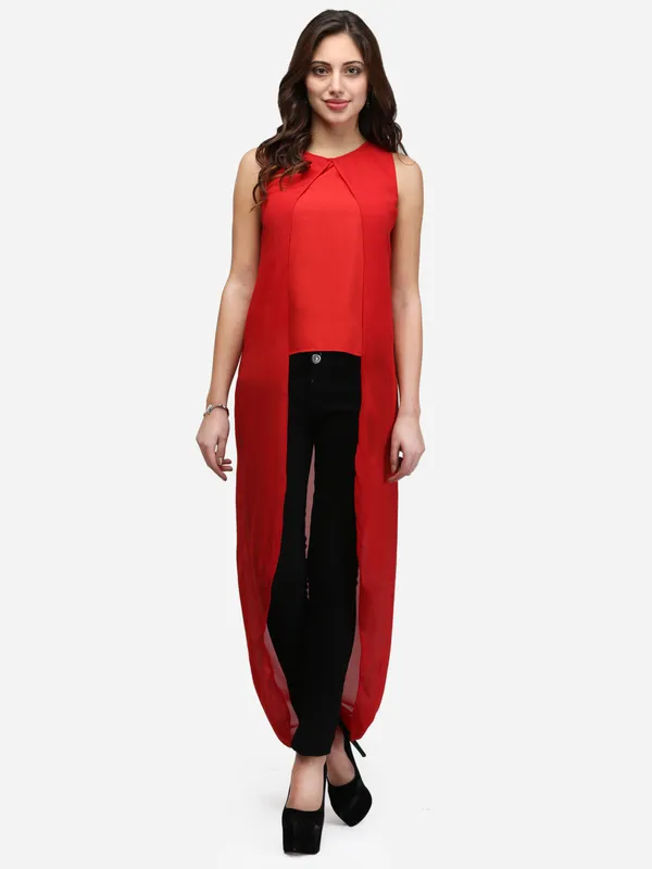Red_Solid_Plain_High_Low_Sleeveless_Round_Neck_Classy_Maxi_Top_For_Women