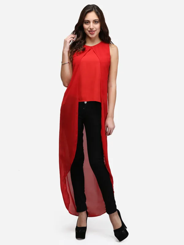 Red_Solid_Plain_High_Low_Sleeveless_Round_Neck_Classy_Maxi_Top_For_Women