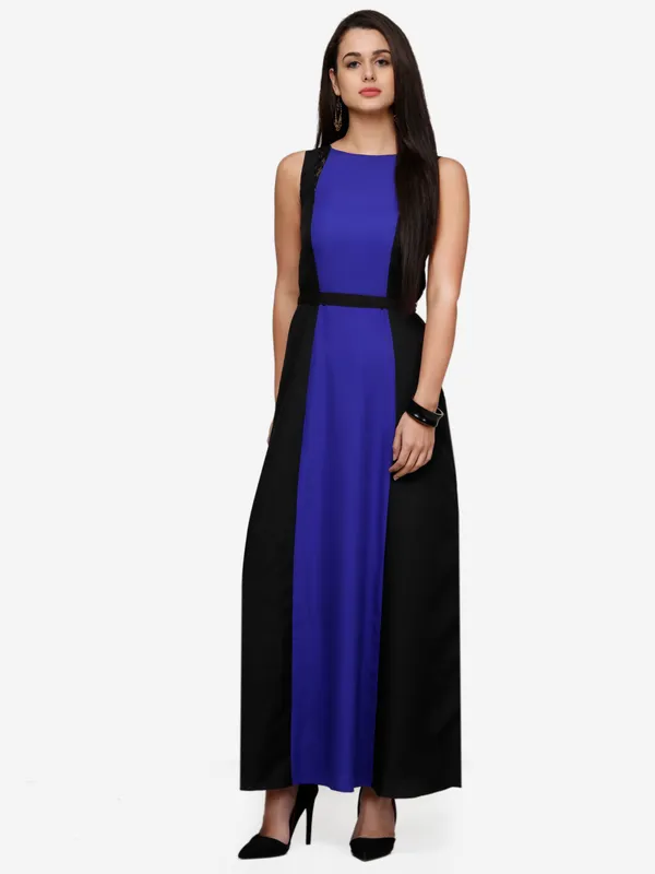 Blue_&_Black_Blocked_Plain_Boat_Neck_Sleeveless_Maxi_Dress_For_Women