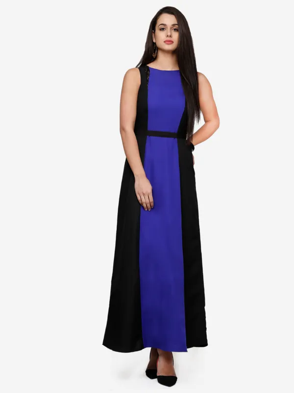 Blue_&_Black_Blocked_Plain_Boat_Neck_Sleeveless_Maxi_Dress_For_Women