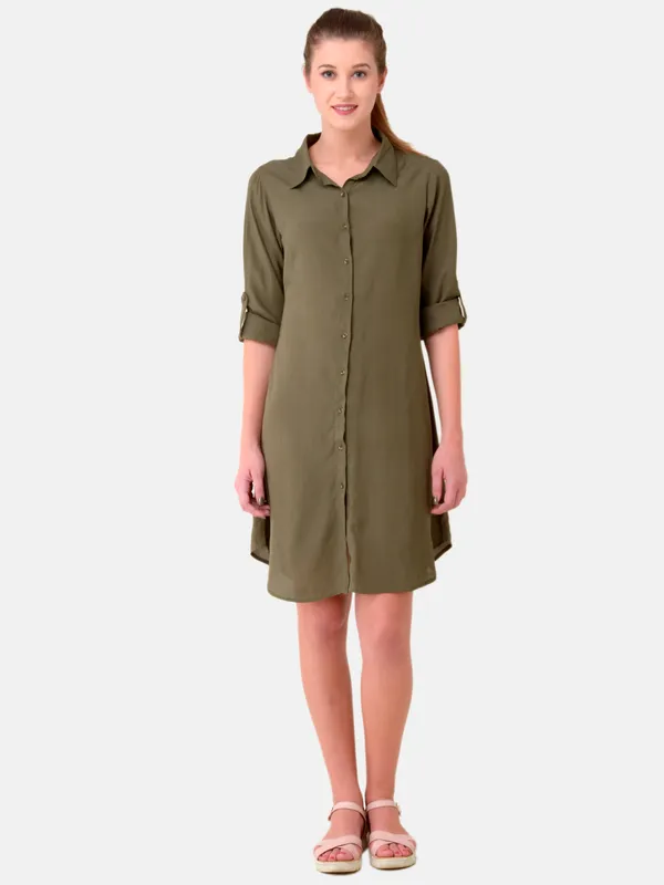 Olive_Green_Rayon_Button_Up_Roll_Up_Sleeves_Summer_Shirt_Dress_,Belt_Not_Included