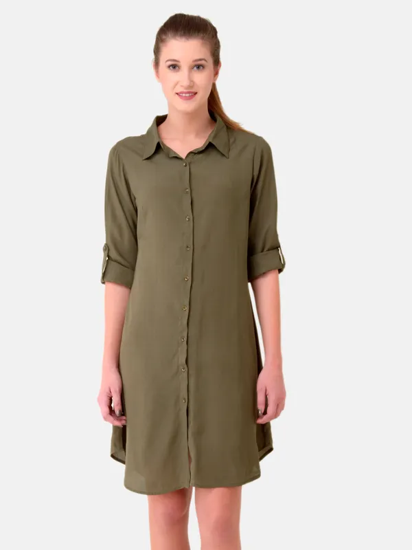 Olive_Green_Rayon_Button_Up_Roll_Up_Sleeves_Summer_Shirt_Dress_,Belt_Not_Included