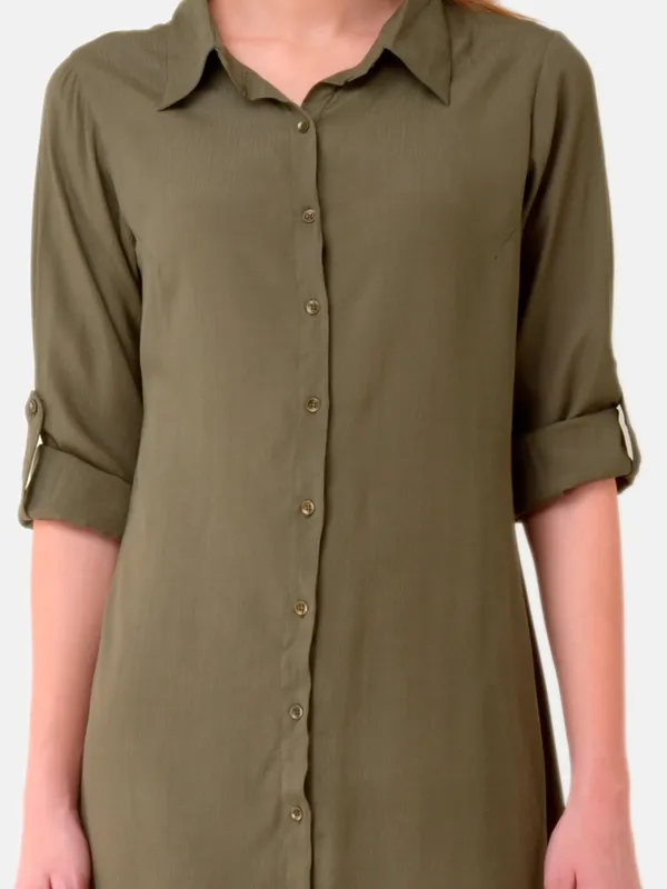 Olive_Green_Rayon_Button_Up_Roll_Up_Sleeves_Summer_Shirt_Dress_,Belt_Not_Included