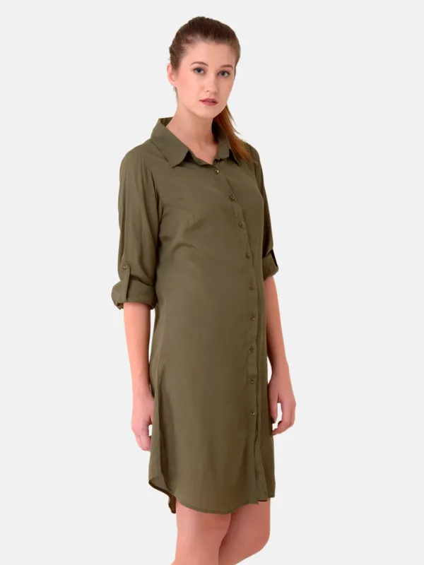 Olive_Green_Rayon_Button_Up_Roll_Up_Sleeves_Summer_Shirt_Dress_,Belt_Not_Included