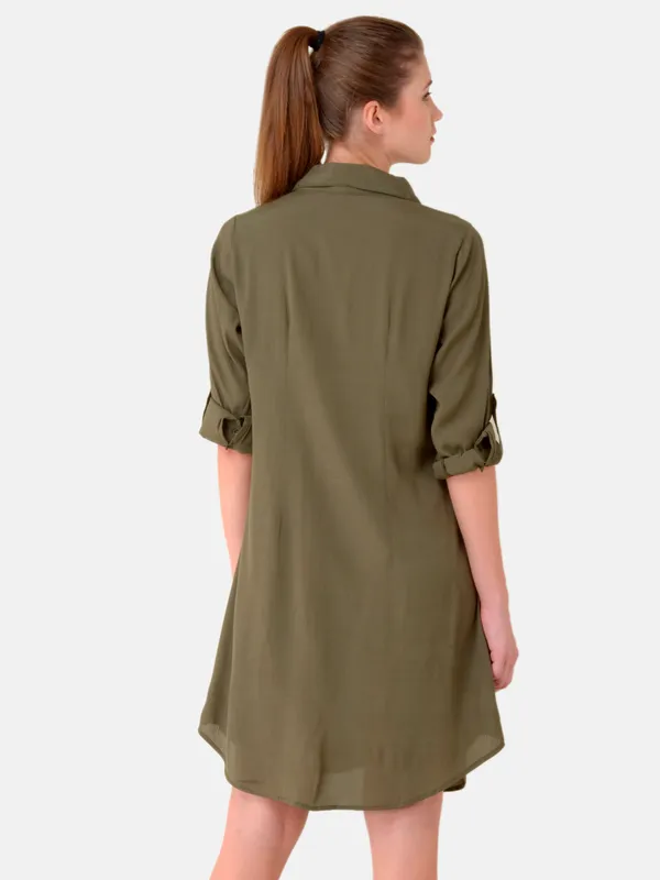 Olive_Green_Rayon_Button_Up_Roll_Up_Sleeves_Summer_Shirt_Dress_,Belt_Not_Included