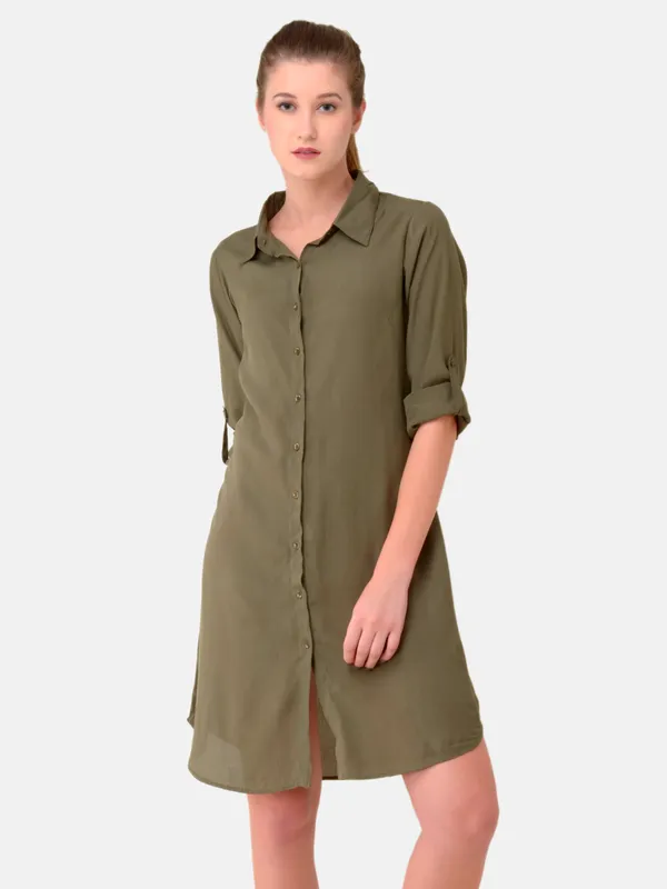 Olive_Green_Rayon_Button_Up_Roll_Up_Sleeves_Summer_Shirt_Dress_,Belt_Not_Included