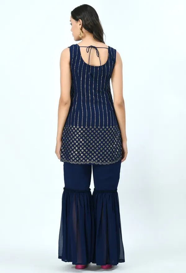 Blue_Printed_Mukaish_Kurti_With_Sharara_&_Dupatta